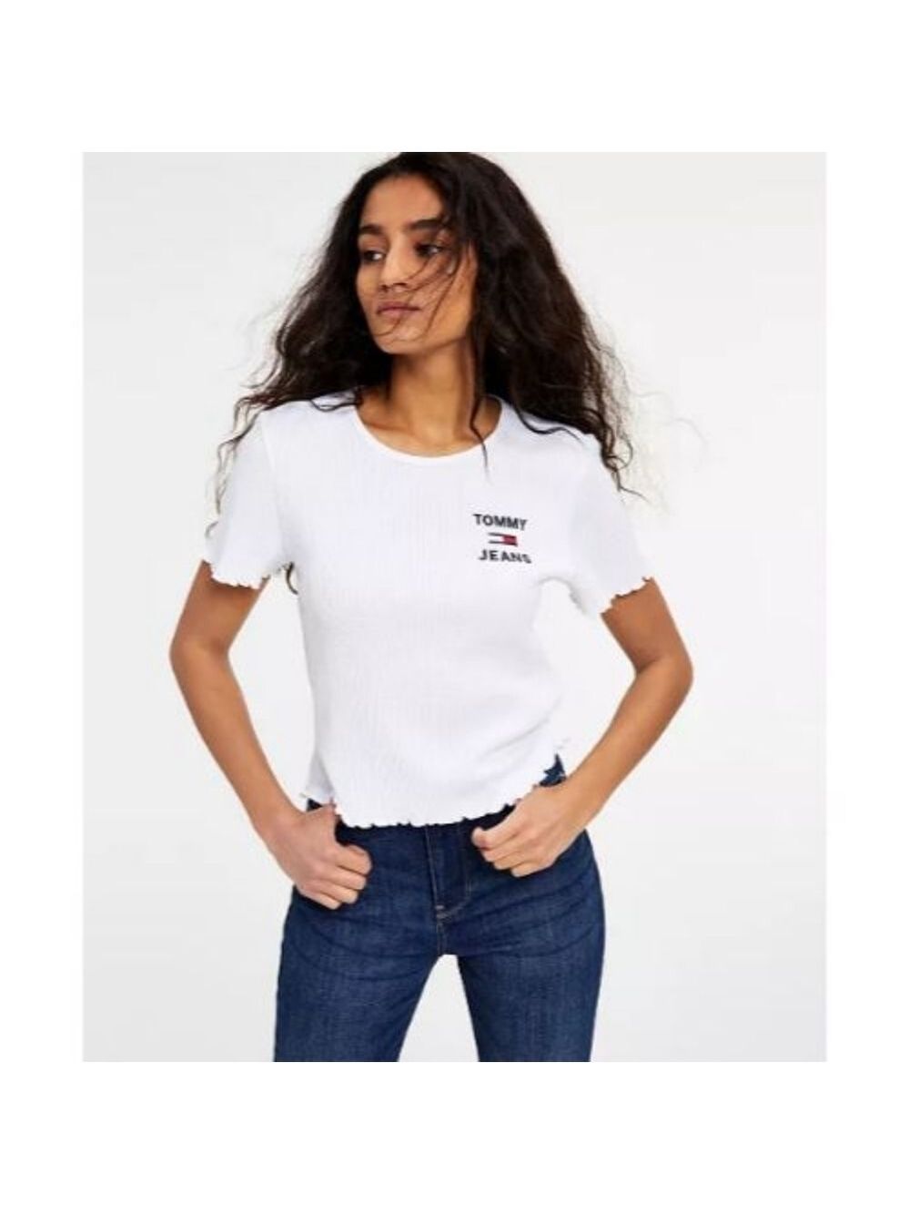 Tommy Hilfiger Tommy Jeans White Waffle Ruffle Trim T-Shirt